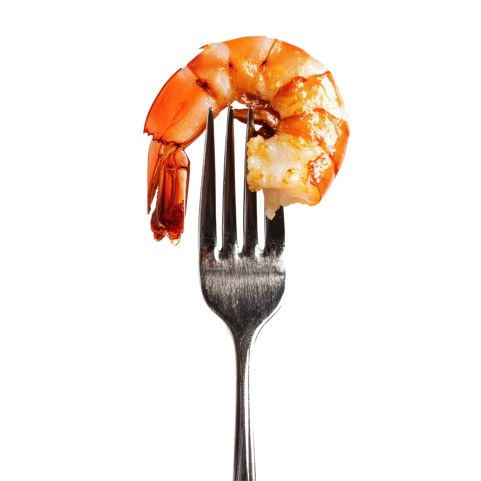 Shrimp on a fork isolated on Transparent background showcasing a delicious seafood dish perfect for culinary presentation, Peeled shrimp on a fork isolated on background png