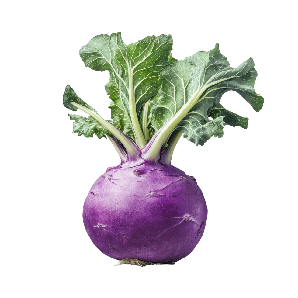 Kohlrabi with vibrant leaves and purple skin against a neutral background for culinary use, Kohlrabi isolated on alpha layer png