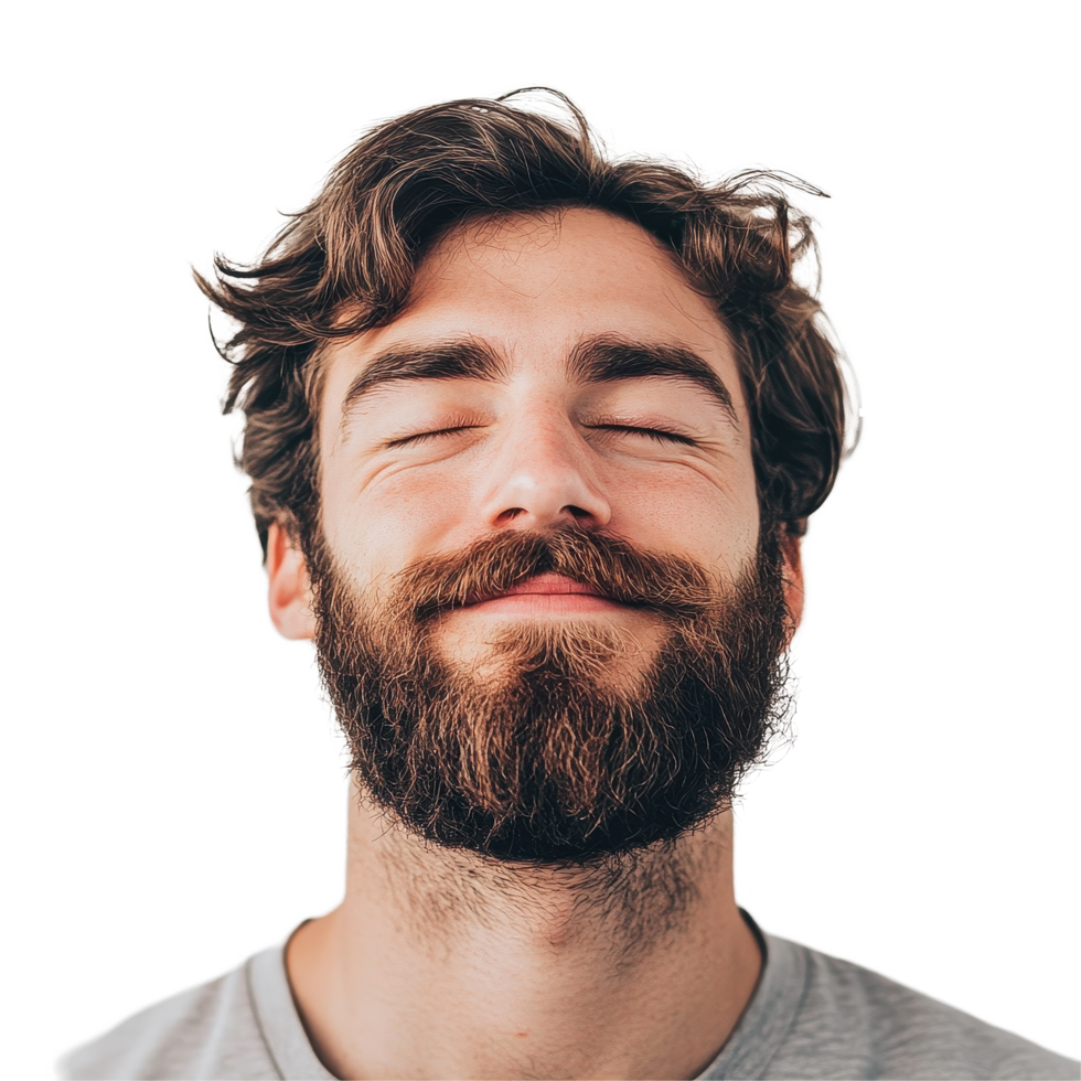 Smiling man with beard and closed eyes poses against simple Transparent background, Man with Beard Closed Eyes Smiling, background png