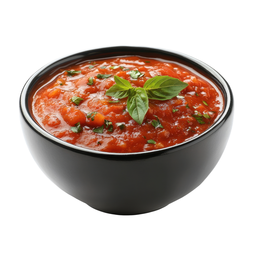 Delicious homemade tomato sauce in a black bowl on Transparent background with fresh herbs for garnish, tomato sauce in black bowl isolated on background png