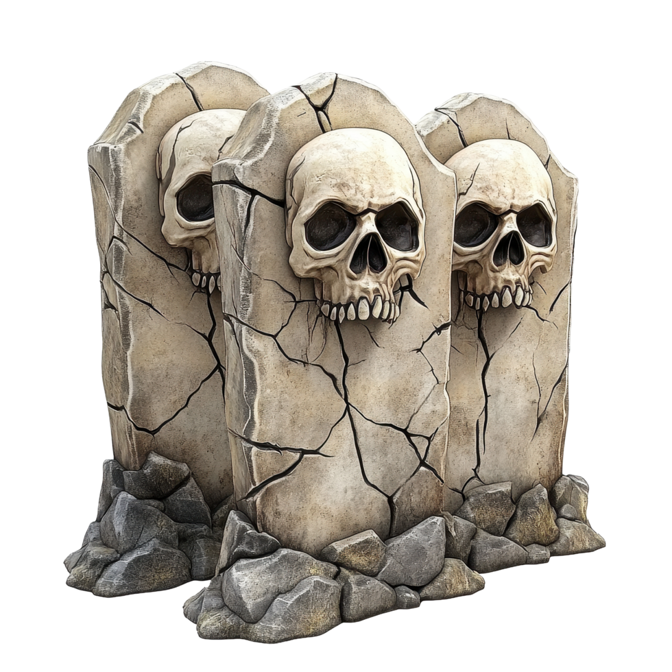 Three haunted tombstones featuring skulls and cracks in a spooky graveyard setting, Three Haunted Tombstones with Skulls and Cracks Isolated on Transparent background png