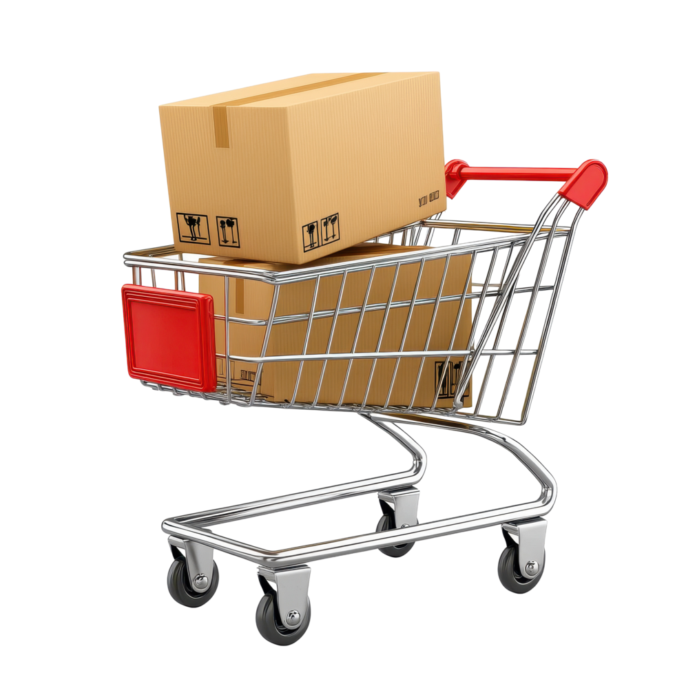 Realistic shopping cart filled with a cardboard box on a clean Transparent background for retail themes, Realistic shopping cart with box inside background png