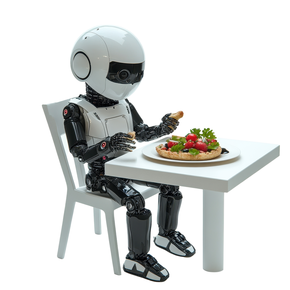 Robot enjoys a meal at a table with a plate of fresh food, robot sitting at a table with a plate food, Transparent background png