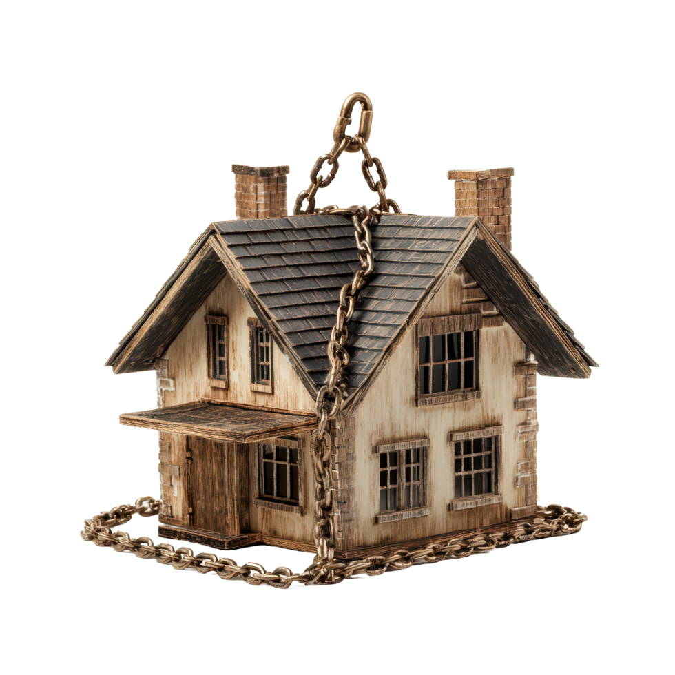 House security concept featuring a model home secured with chains on a white background, House security concept. House in chains isolated on white png