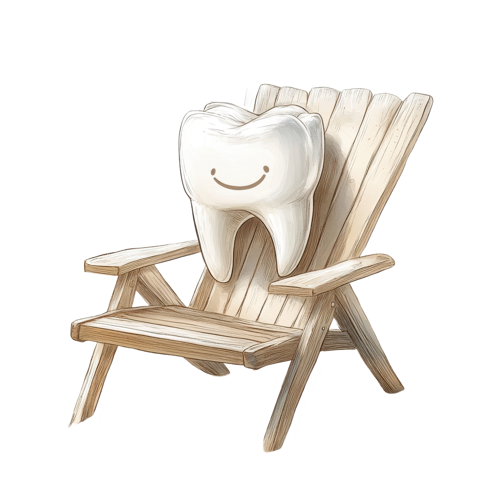 Tooth enjoying a sunny day in a beach chair on a white sandy background, Tooth in the beach chair Transparent background png