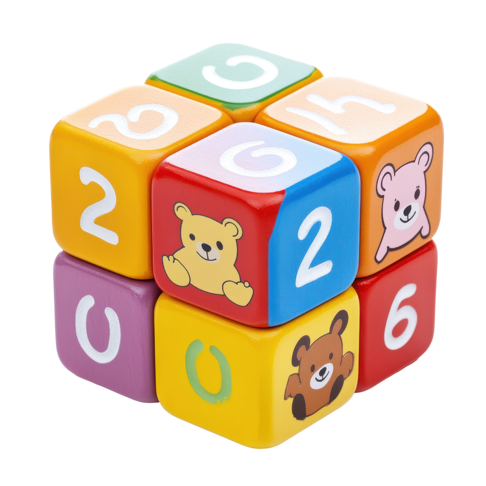 Colorful baby cube toy featuring bear illustrations and number designs for early learning fun, Colorful Baby Cube Toy with Bear and Number Designs Isolated on Transparent background png