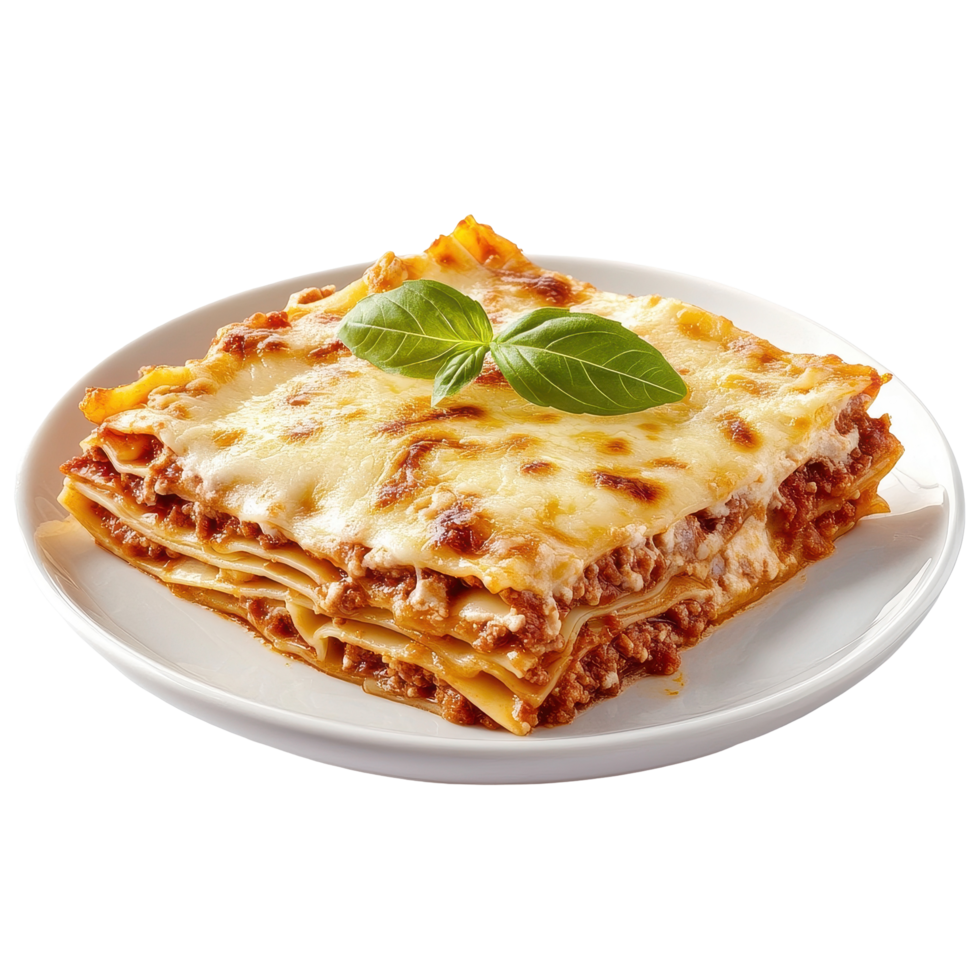 Delicious homemade lasagna served on a white plate with fresh basil garnish on a clean Transparent background, Lasagna on a plate isolated on background png