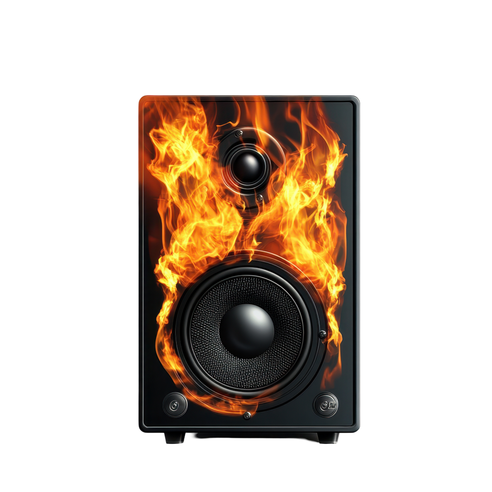 Brightly lit black speaker with flames on a white background creates an intense visual effect, black speaker with flames on it png