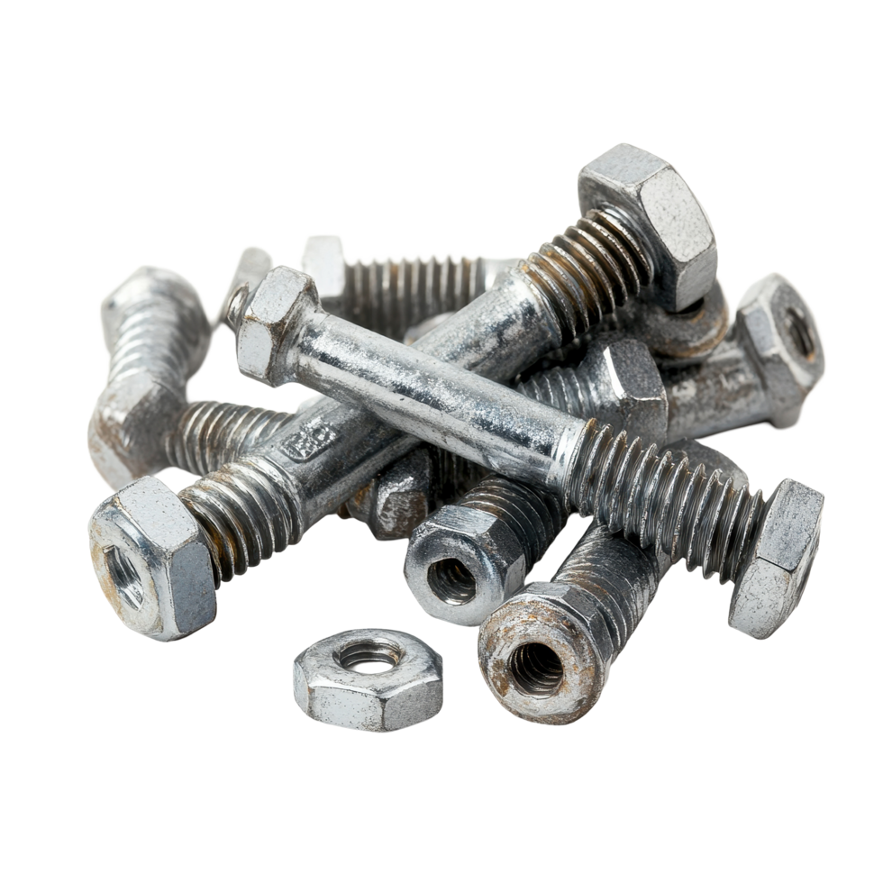 Closeup of hex head bolts and lead anchors showcasing intricate details and textures, Closeup hex head bolts and lead anchors isolated on Transparent background png