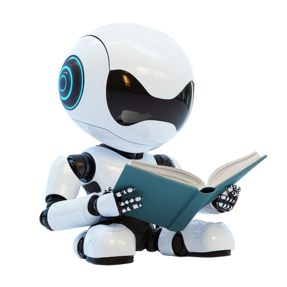 Humanoid android joyfully reading a book on a white background while sitting, Cheerful Humanoid Android Reading Book on white background png