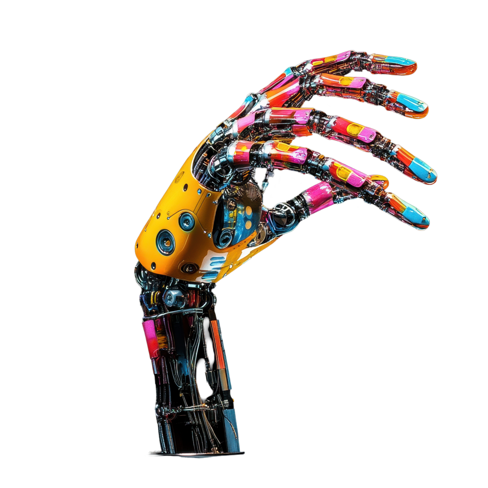 Colorful robotic arm showcases innovative design against black background, colorful robot arm with a black background, Transparent background png