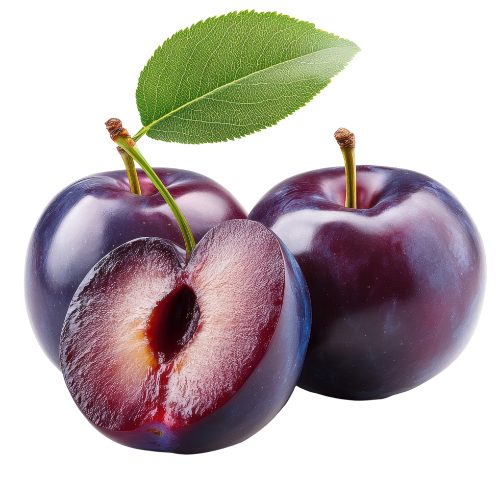 Fresh plums with green leaves isolated on a Transparent background, showcasing their rich color and juicy texture, Plums isolated on background png