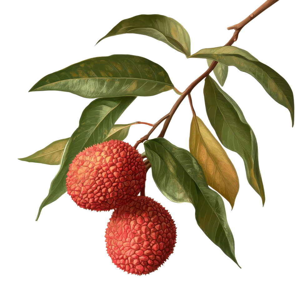 Fresh lychee fruit with vibrant leaves on a branch showcasing natural beauty, Lychee with leaves on Lychee png