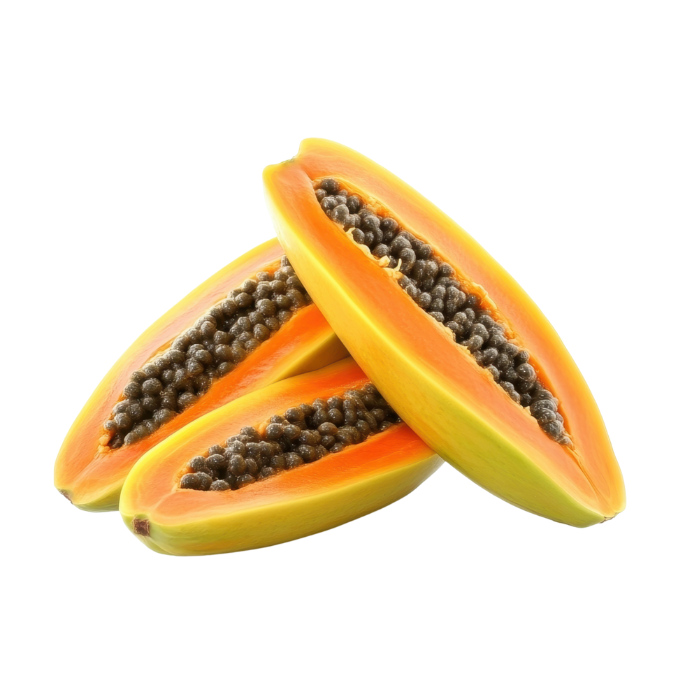 Fresh papaya fruit halves showcasing vibrant orange flesh and black seeds on a Transparent background, Papaya fruit isolated on background png