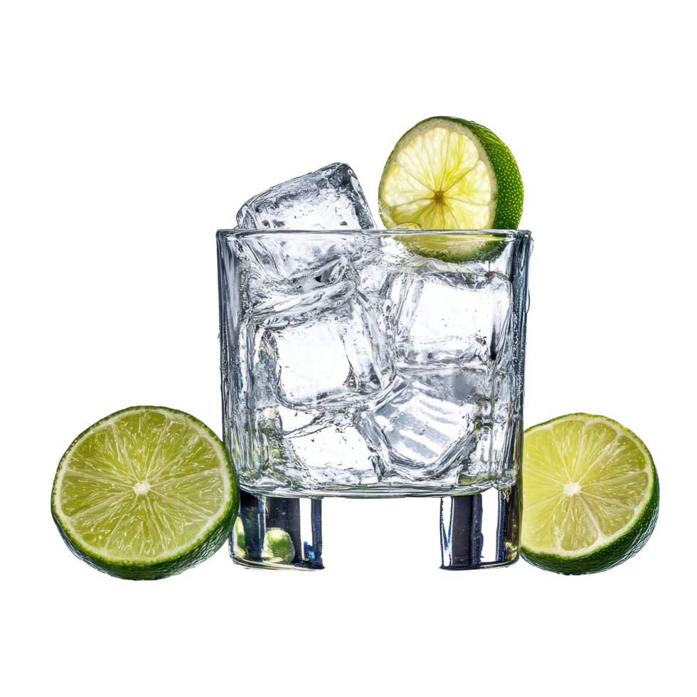 Refreshing cocktail served in a glass with ice and lime on a bright background, glass alcohol with ice and a lime, white background png