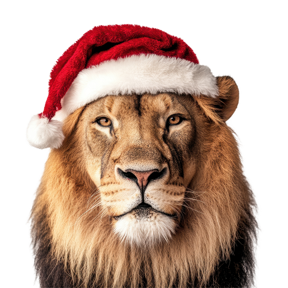 Lion wearing a festive Christmas hat isolated on a Transparent background, creating a whimsical holiday spirit, Lion wearing a christmas hat isolated on background png