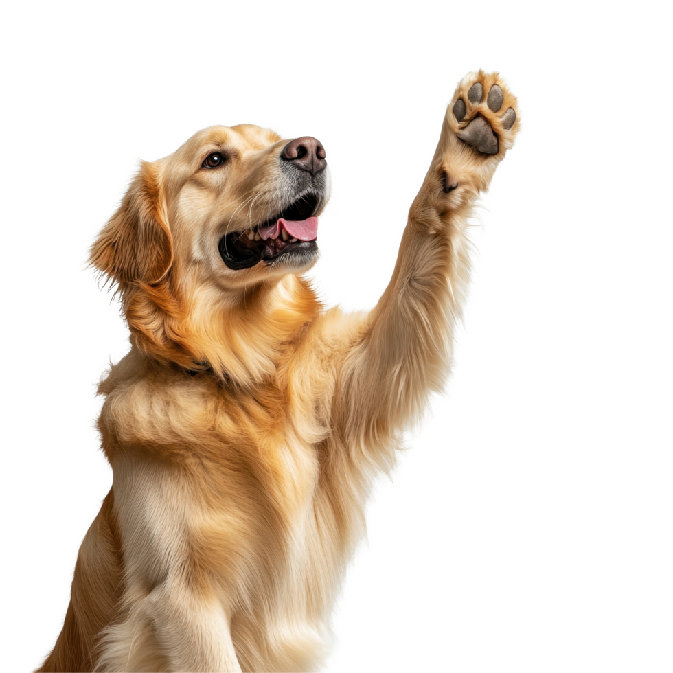 Golden Retriever dog raising its paw in a playful gesture indoors, Golden Retriever Dog Raising its Paw, Trained Dog Giving High Five on white background png