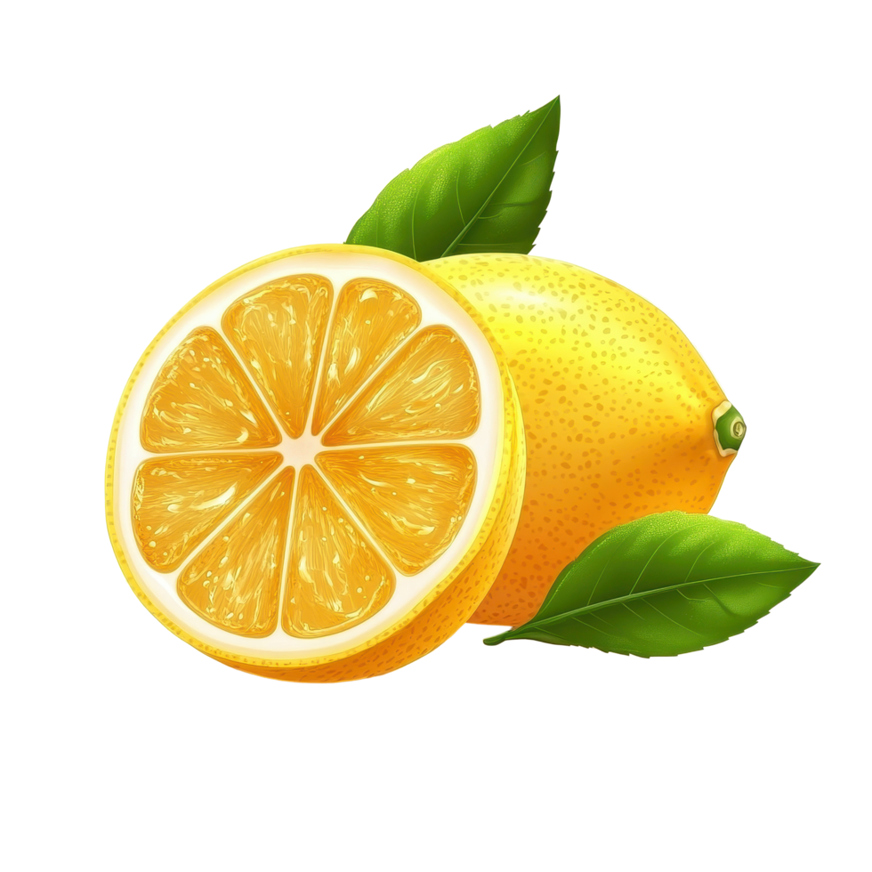 Ripe lemon fruit with vibrant green leaves and a fresh half showcasing juicy segments, ripe lemon fruit with leaves and half isolated, Fresh and Juicy Lemon, isolated on Transparent background png