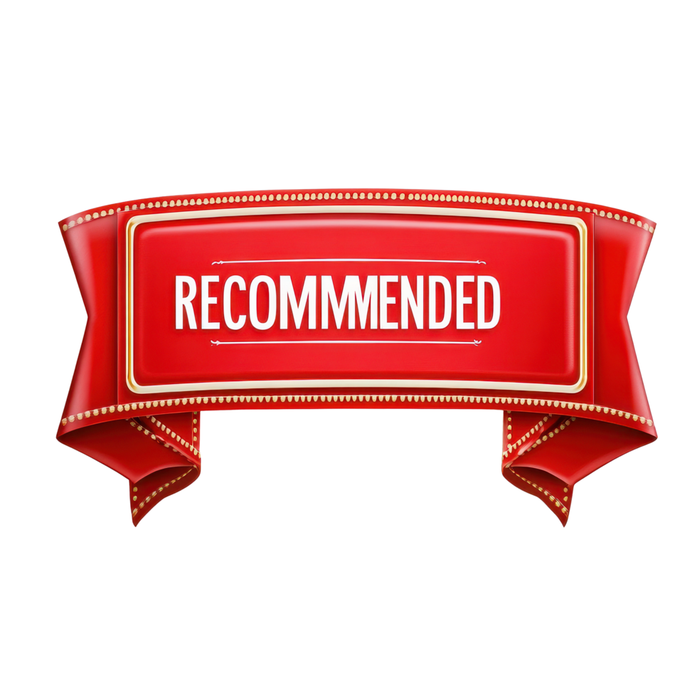 Red recommended ribbon banner on Transparent background for promotional purposes and product highlighting, Red RECOMMENDED Ribbon Banner on background png