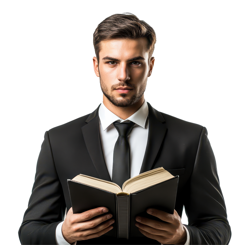 Young businessman in suit holds book, exuding confidence and professionalism in a modern setting, Young businessman in suit with book on background Transparent background png