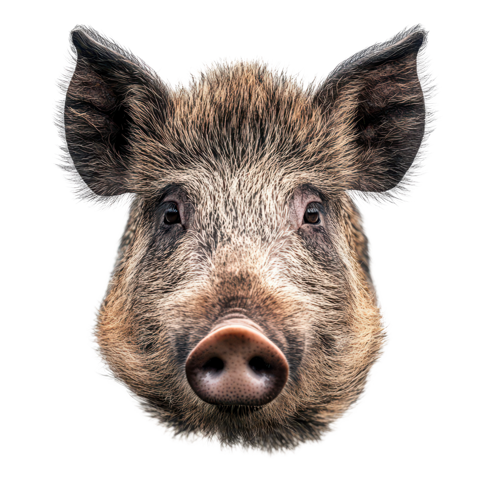 Wild boar face shot isolated on a Transparent background showcasing intricate details of the snout and fur, wild boar face shot isolated on background png