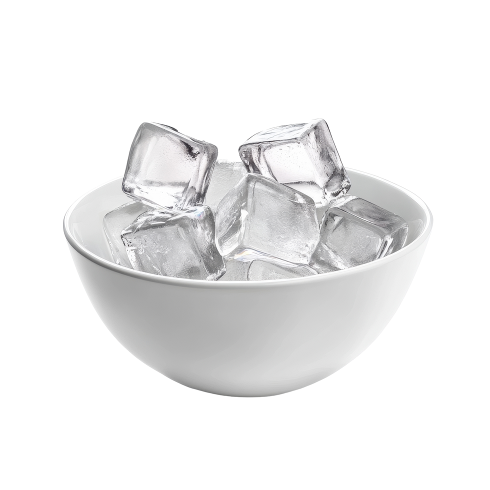 Ice cubes in a white bowl on a clean white background for kitchen use and presentation, Ice cube in white bowl isolated on white background png