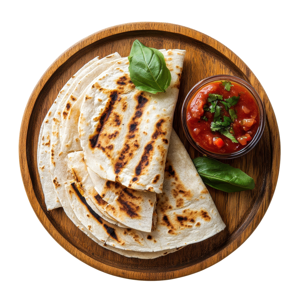 Delicious homemade quesadilla served on a wooden plate with salsa on a Transparent background, quesadilla on wooden plate, top view, isolated background png