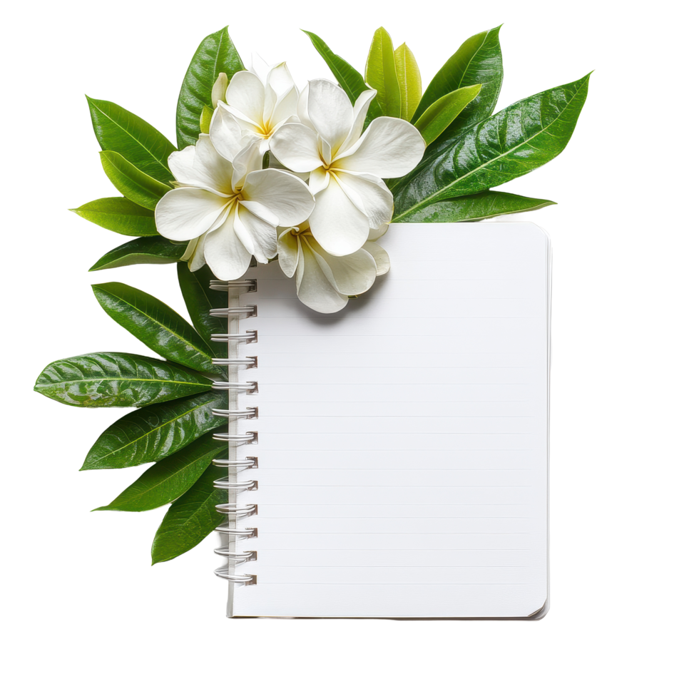 Flower and notebook arrangement isolated on a white background for creative inspiration, Flower with notebook on aisolated on white background png