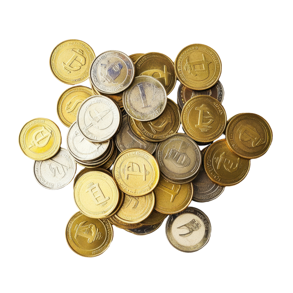Collection of Euro coins arranged on a white background showcasing various denominations and designs, Euro coins money isolated on white background top view., white background png