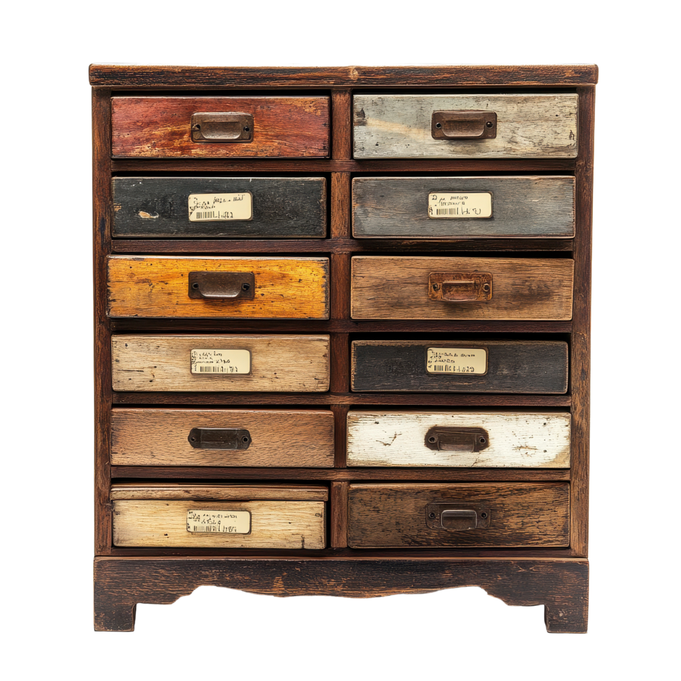 Chest drawers with multiple labeled compartments showcasing rustic design and varied wood tones, chest drawers with several drawers and labels on them png