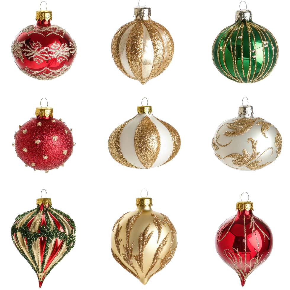 Decorative Christmas ornaments in various colors and designs on a Transparent background for festive celebrations, various Christmas ornaments isolated on background png