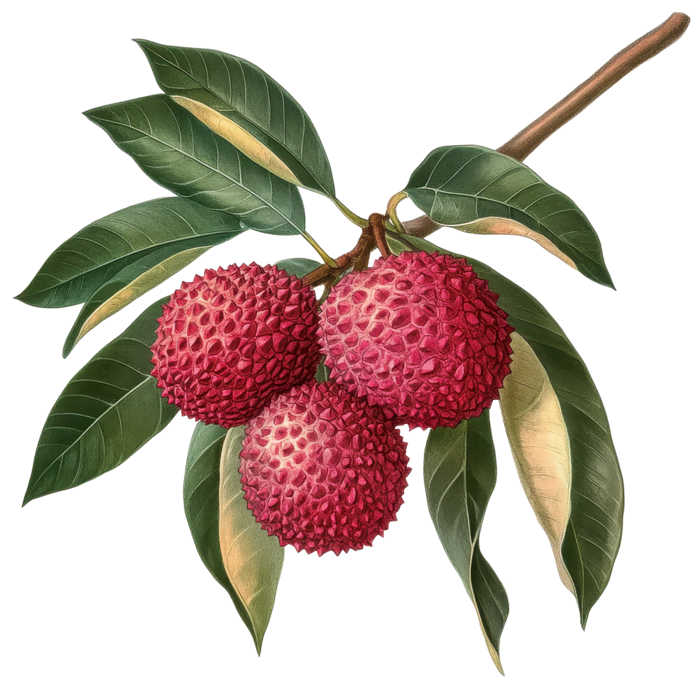 Lychee fruit cluster with green leaves on a Transparent background, lychee tropical fruit with leaves on background png