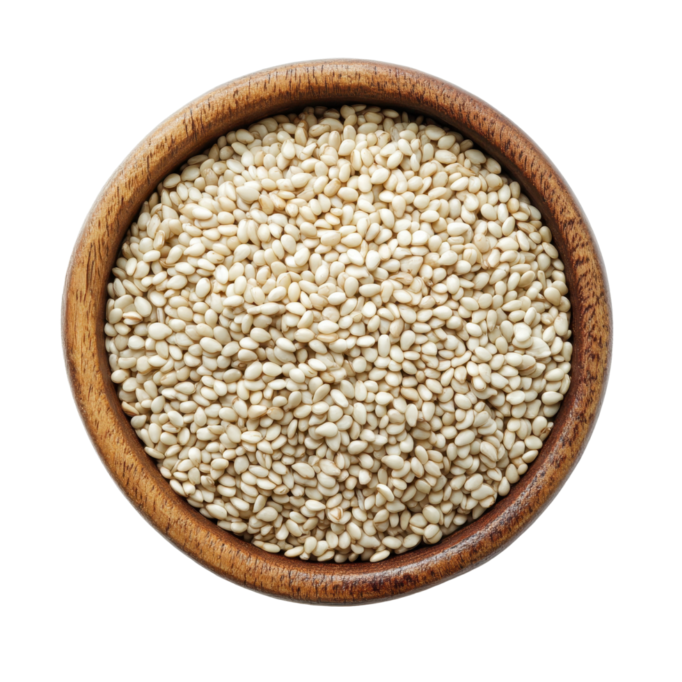 White sesame seeds in a wooden bowl isolated against a bright Transparent background for culinary use, White sesame in a bowl isolated on background png