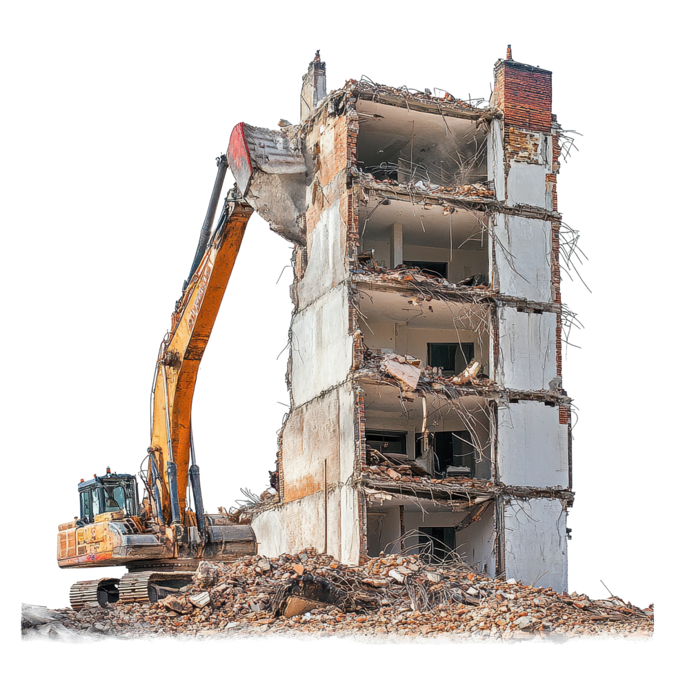 Demolition of a multi story building captured during the deconstruction process in an urban setting, building that has been demolished and is being demolished png