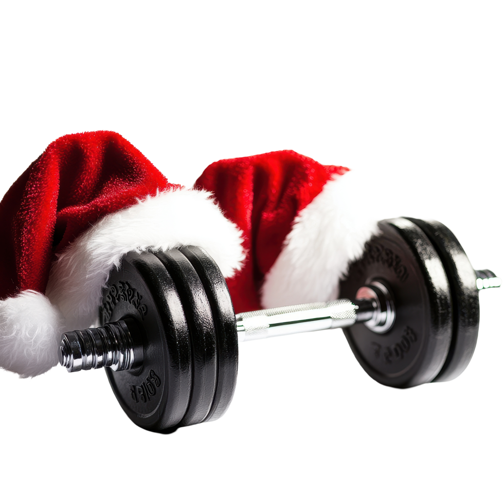 Dumbbells adorned with festive Santa hats on a Transparent background for holiday fitness inspiration, Dumbbells with Santa Hats on background Christmas Gift png