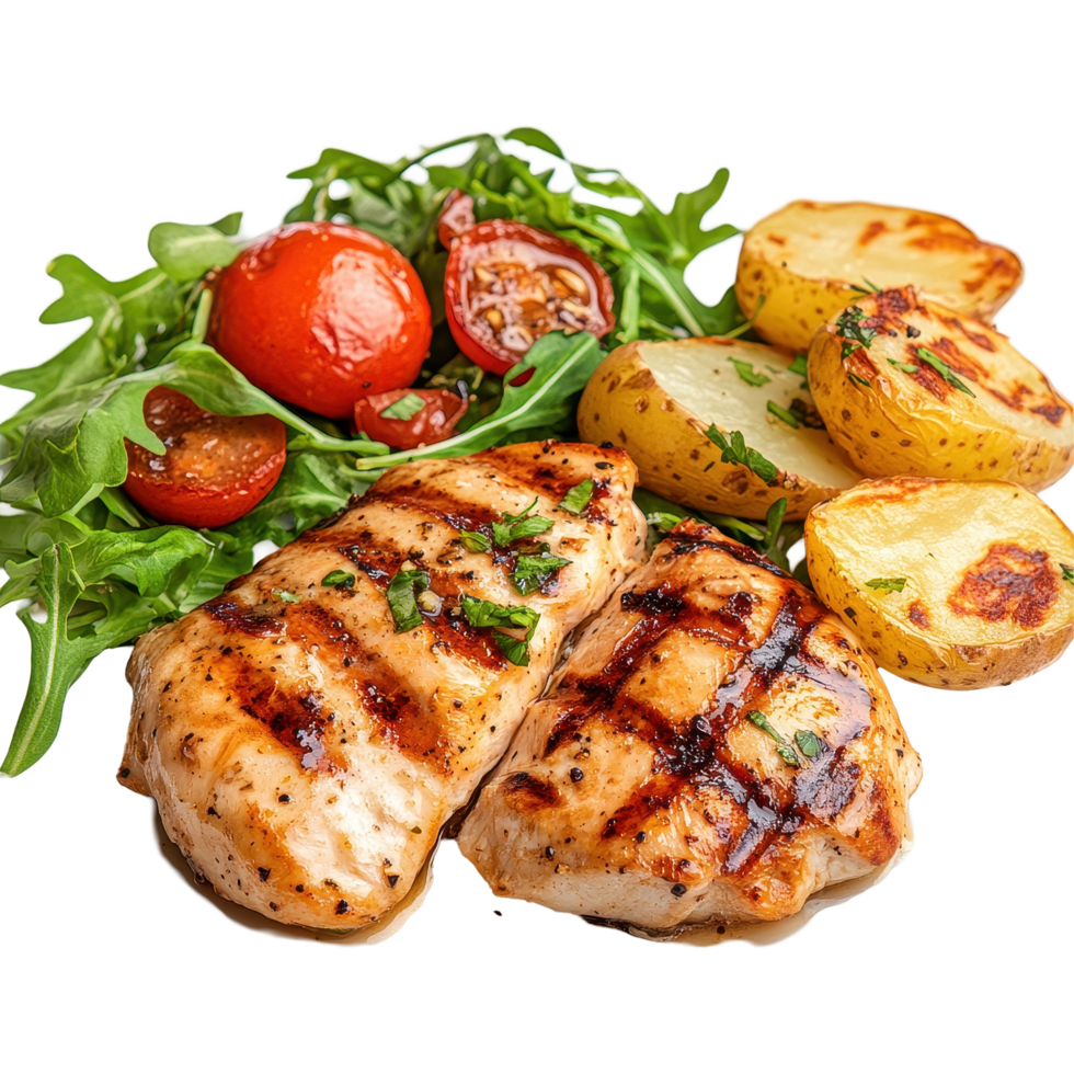 Delicious grilled chicken with roasted potatoes and fresh salad for a satisfying lunch experience, Dish for lunch chicken grilled potato cheese and vegetable on isolated on Transparent background png