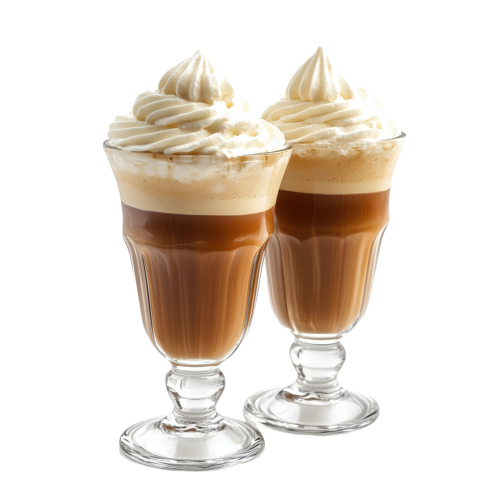Delicious coffee with whipped cream served in elegant glasses at a cozy cafe setting, glasses of coffee with whipped cream isolated on white background png