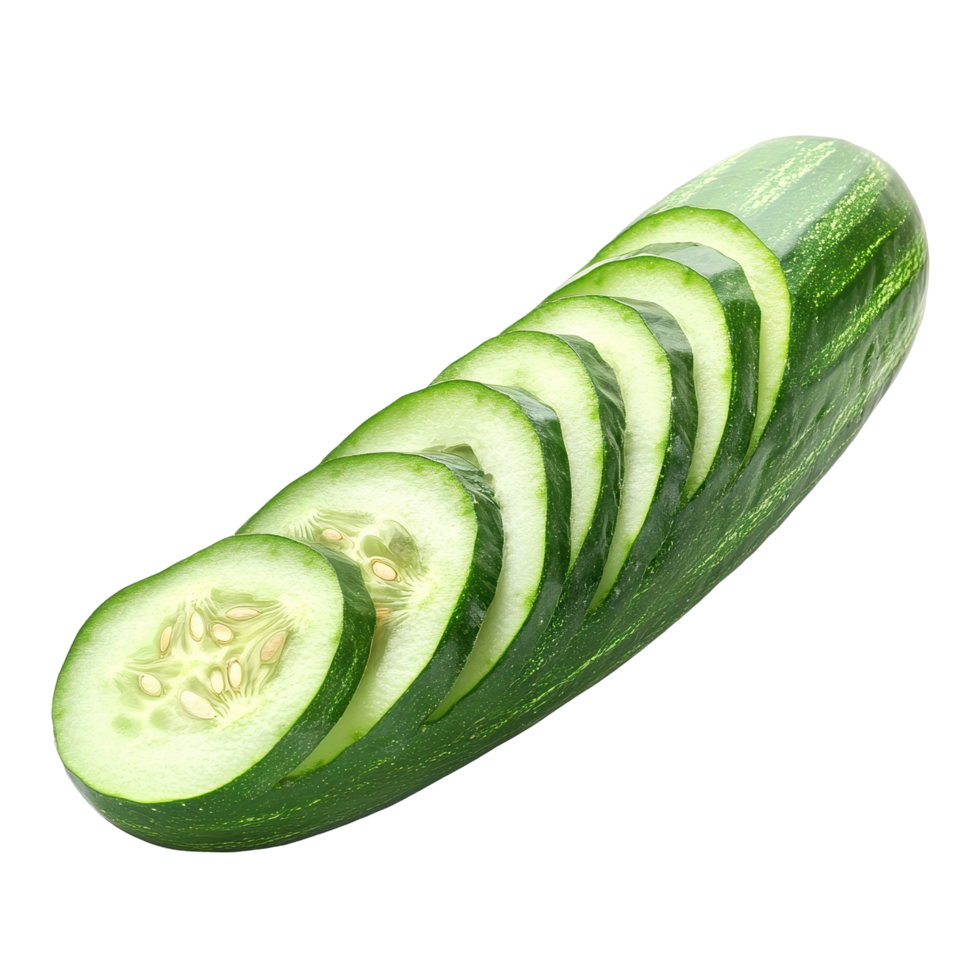 Freshly sliced cucumber showcasing bright green color and smooth texture isolated on a clean background, Fresh slice cucumber isolated on white background png