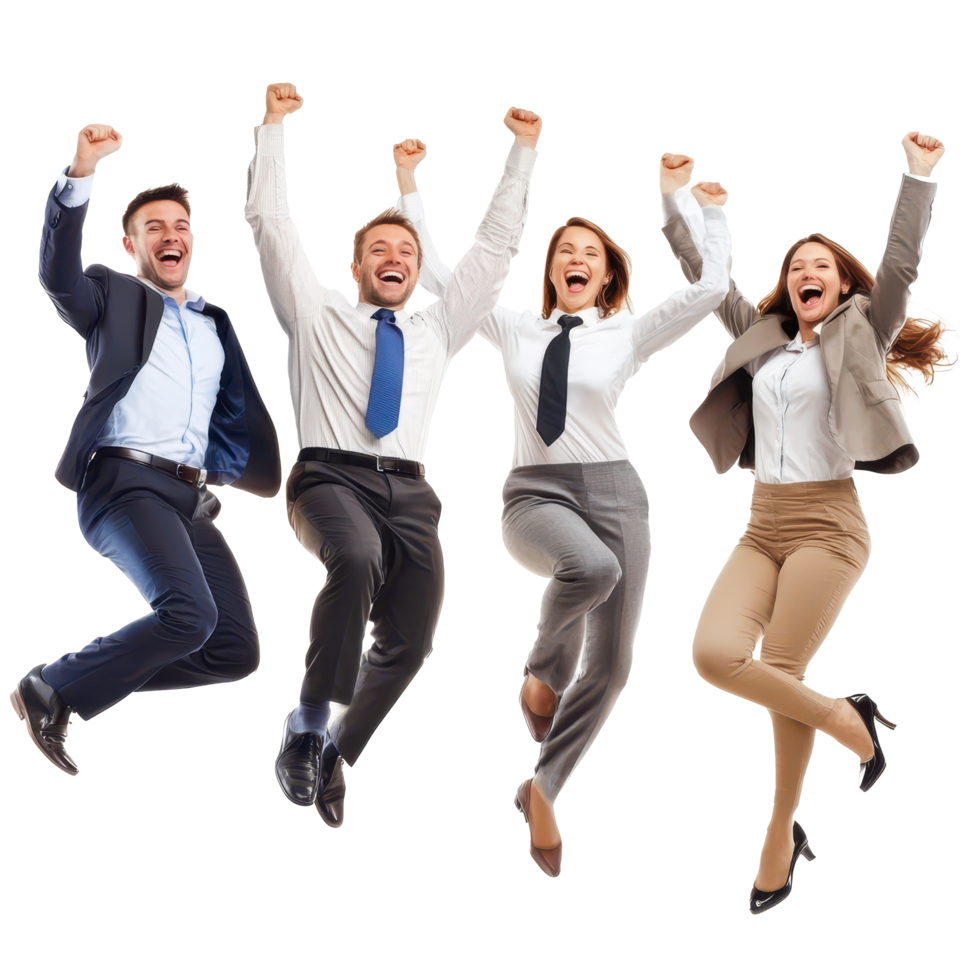 Happy business professionals celebrate success with energetic poses on white background, Happy Business People isolated on white background png