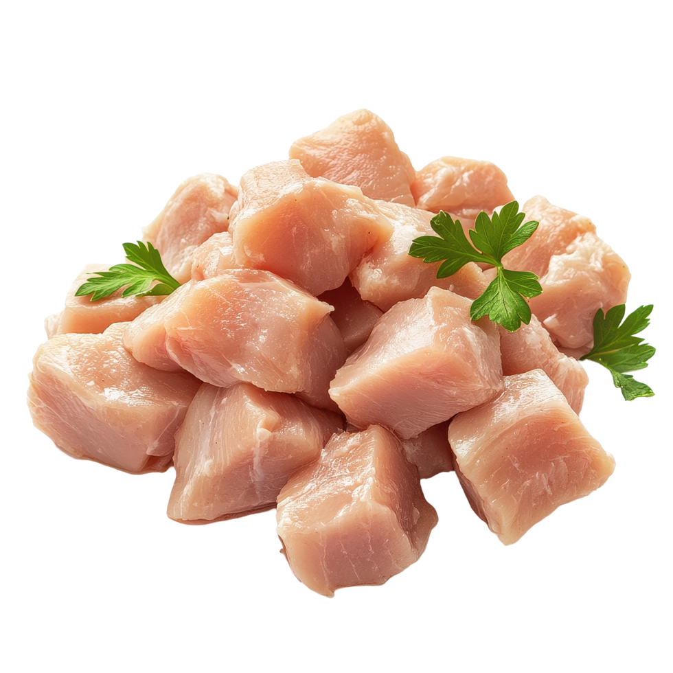 Fresh raw chicken fillet chunks on a clean Transparent background for cooking preparation, Raw chicken fillet chunks isolated on background png