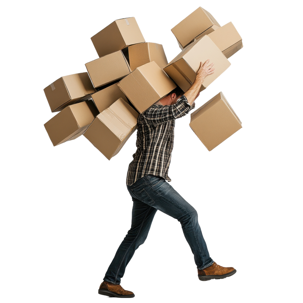 Man laboring to carry multiple cardboard boxes while navigating against a Transparent background in a studio setting, Man Carrying Pile Falling Boxes, background png