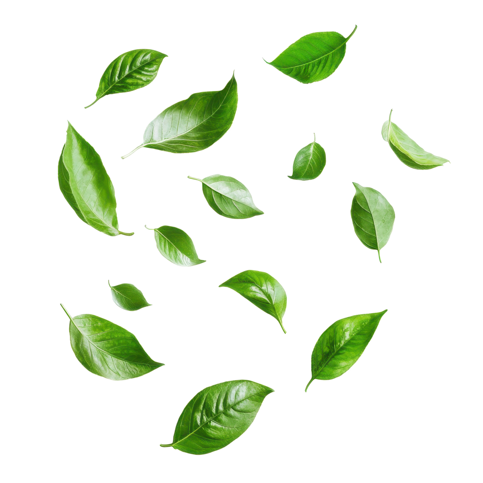 Flying green leaves create a calming natural effect on a bright white background, flying green leaves isolated white background png