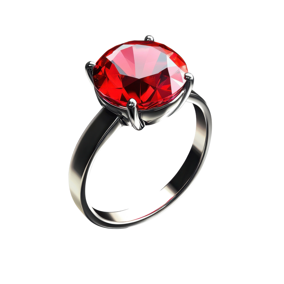 Ruby ring with sleek silver band isolated against a clean Transparent background, ring with a ruby isolated on background png