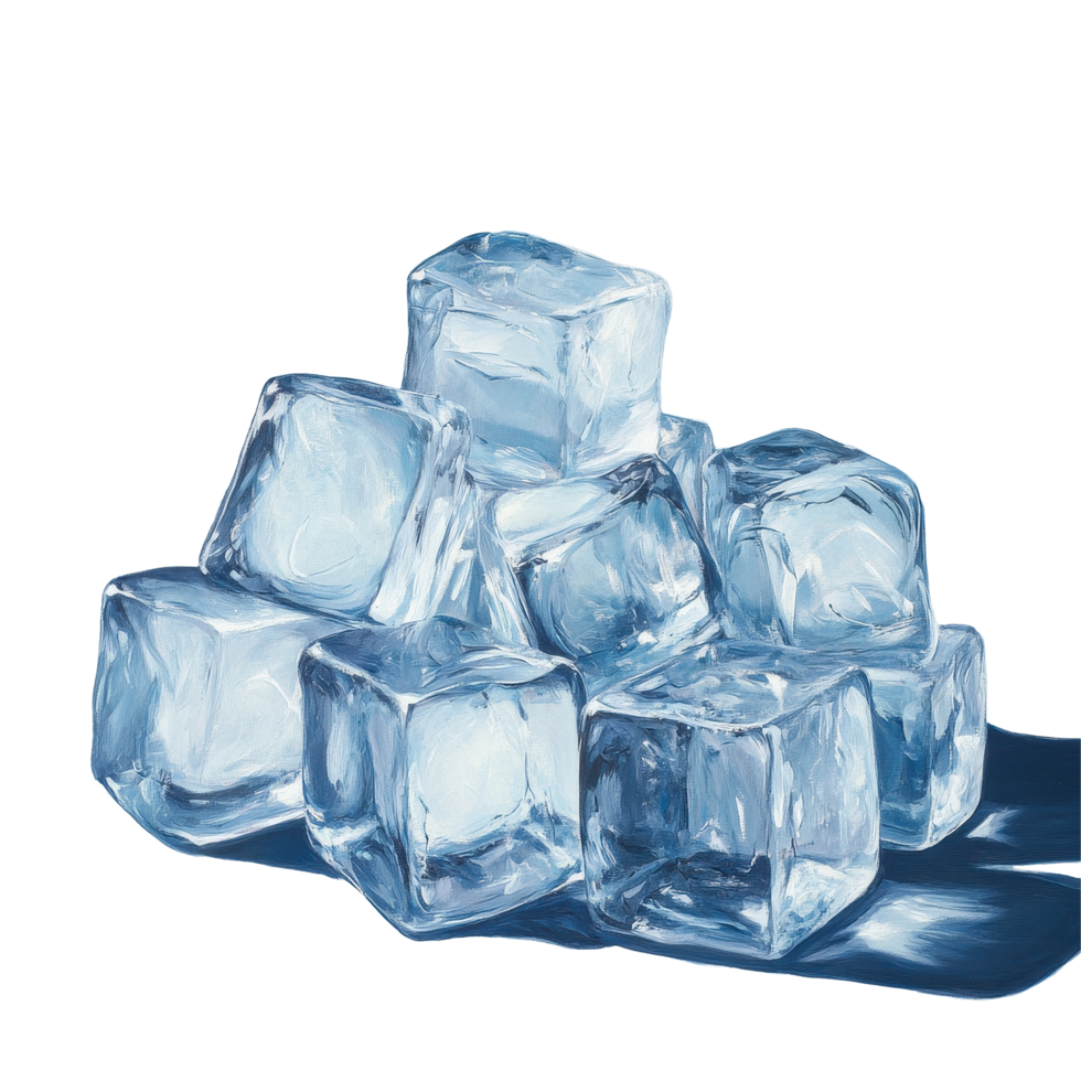 Ice cubes stacked in a clear and vibrant arrangement against a soft blue background, ice cubes png