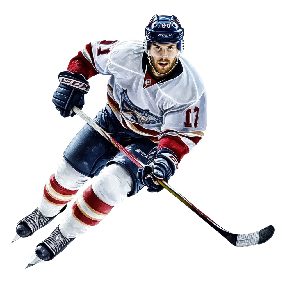 Ice hockey player in action with stick on isolated white background showcasing dynamic skating skills, Ice Hockey Player with Stick, Isolated, white background png
