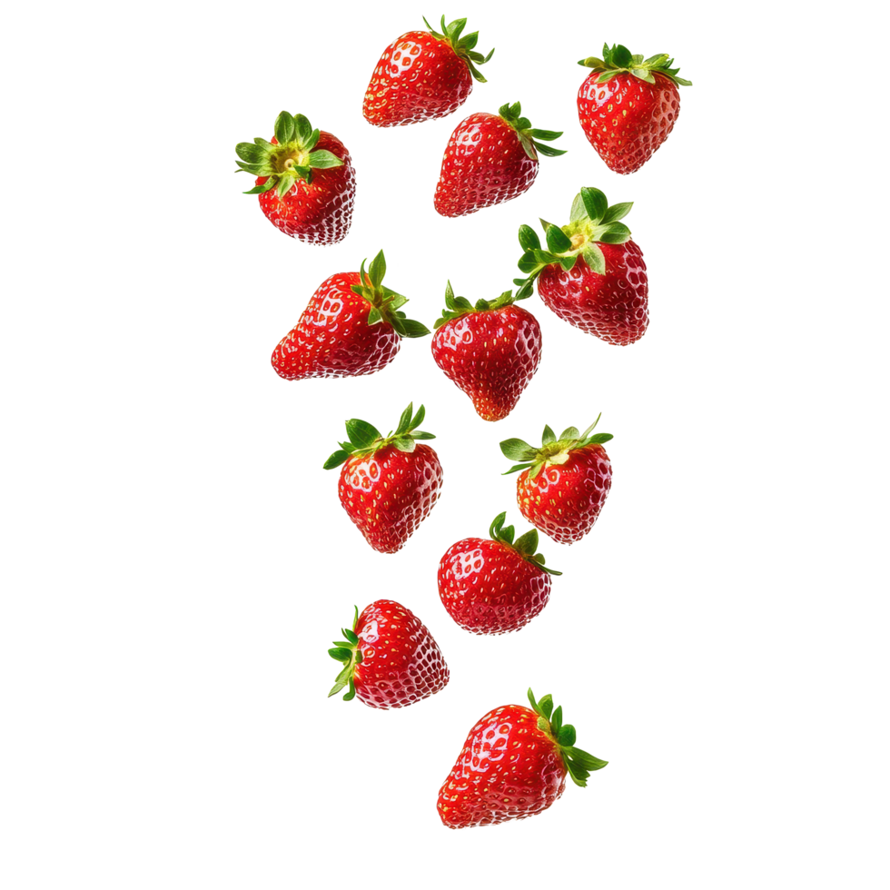 Falling strawberries create a vibrant display on isolated white background, Falling strawberries isolated on white background png