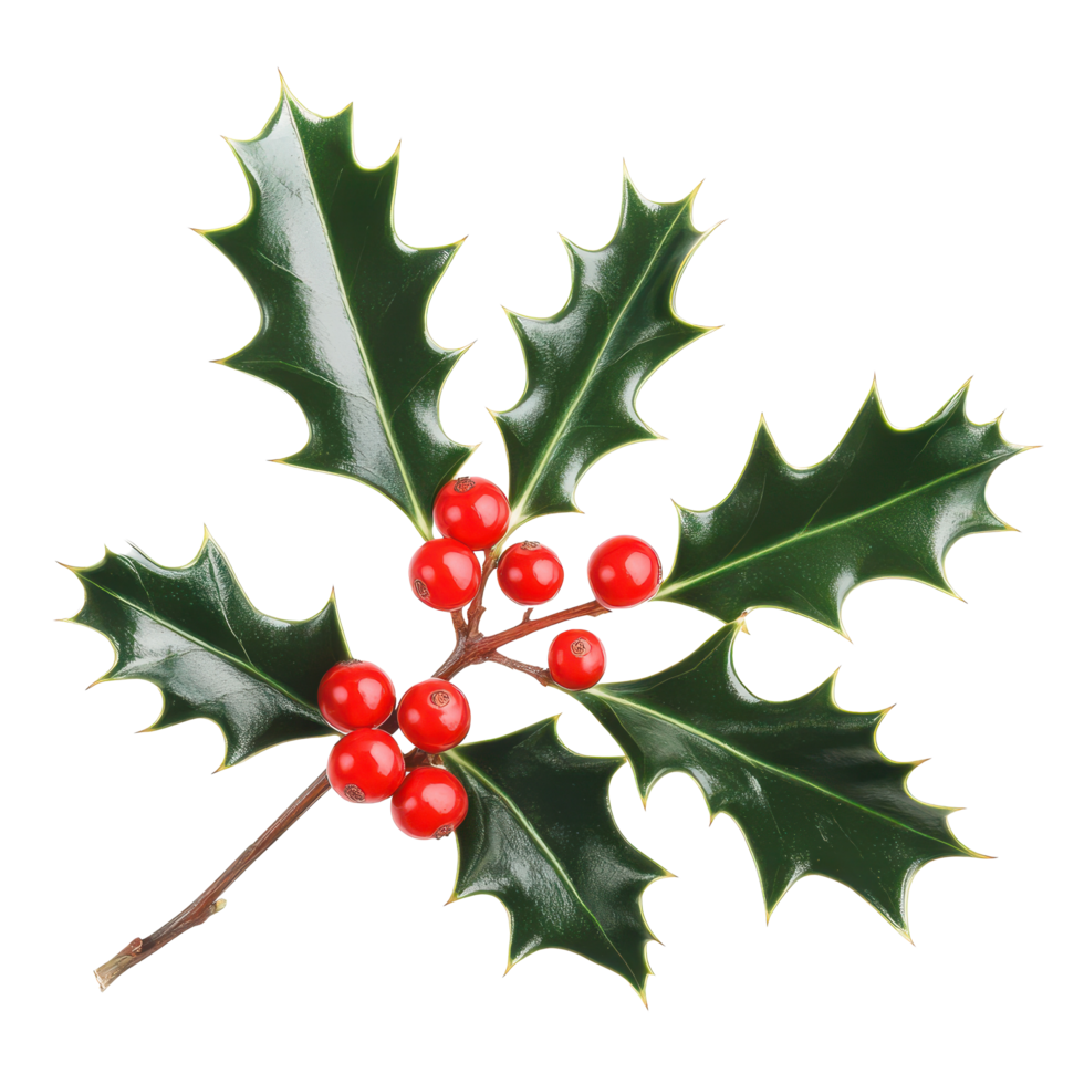 Holly branch with vibrant red berries set against a clean white background for seasonal decoration, Holly Branch with Red Berries on white background png