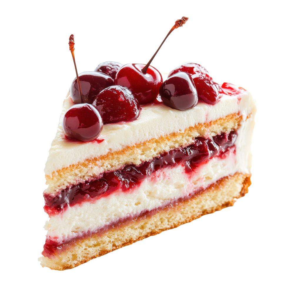 Delicious slice of cherry cake with fresh cherries on top isolated on a Transparent background, piece of cherry cake isolated on background png