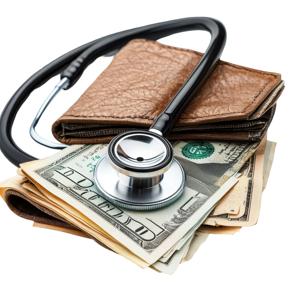 Stethoscope placed atop a wallet filled with banknotes on a Transparent background, Stethoscope with Banknotes in a Wallet, background png