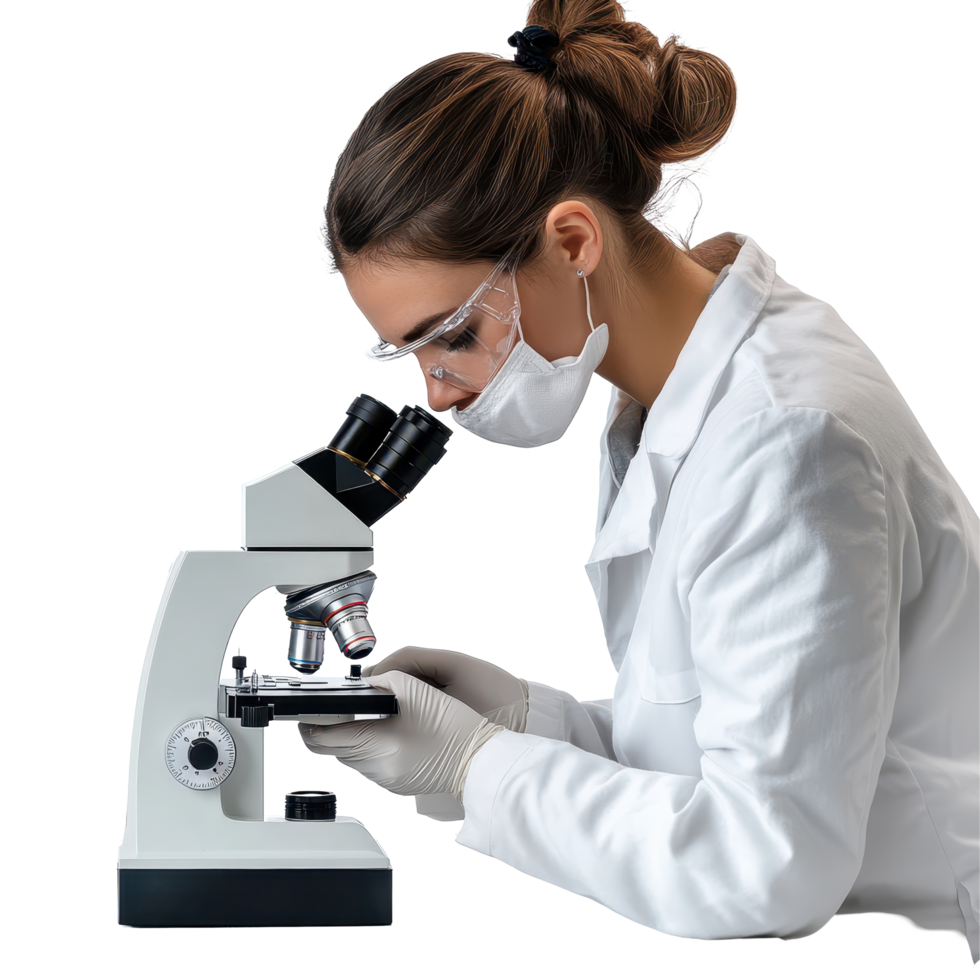 jovem fêmea cientista examinando uma espécime com uma microscópio dentro uma pesquisa laboratório, jovem fêmea cientista trabalhando com microscópio em transparente fundo png